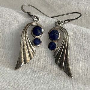 Vintage Lapis Lazuli Sterling Silver Stamped Wing Design Earrings